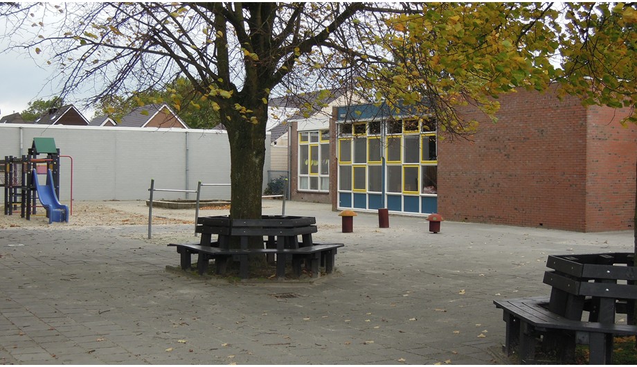 Dit gedeelte van het plein wordt ook door leerlingen uit de leerjaren 3 t/m 8 gebruikt als de kleuters niet buiten spelen.