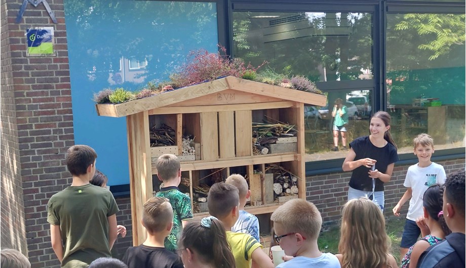 op initiatief van de leerlingenraad werd een heus insectenhotel gebouwd