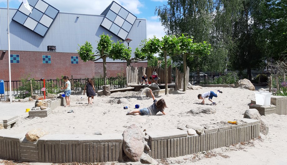In 2018 gestart met realisatie van een groen schoolplein. Op de foto onze 'woestijn met oase'. Spelend en ontdekkend leren naar hartenlust!