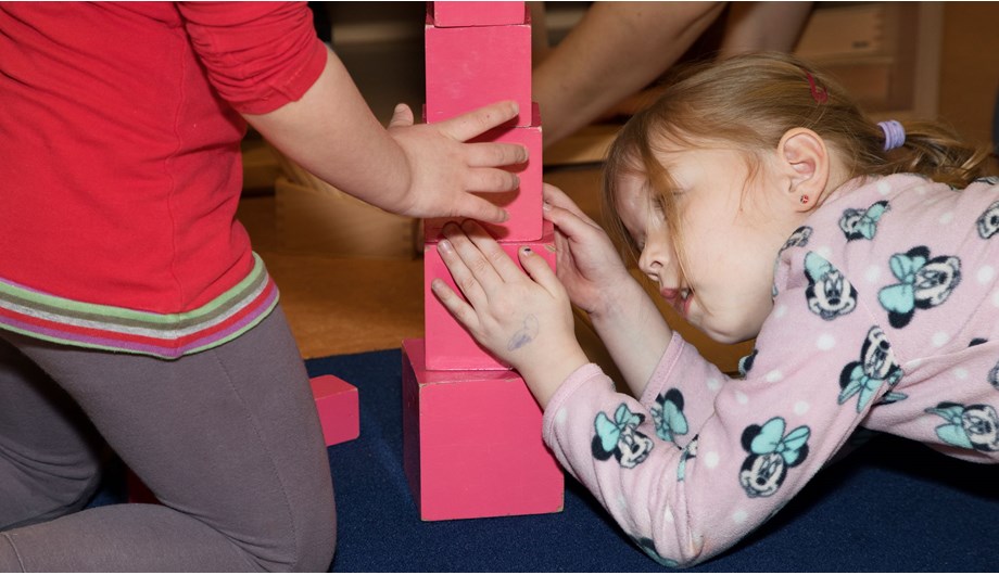 Kinderen aan het werk met de roze toren. Er zijn diverse opdrachten mogelijk, ook in combinatie met andere materialen.