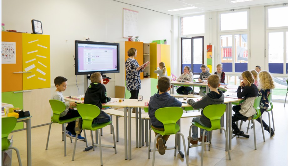 Kringopstelling en digitaal schoolbord ondersteunen het lesgeven op 3 niveaus.