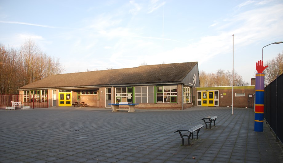 Het schoolgebouw en het schoolplein.